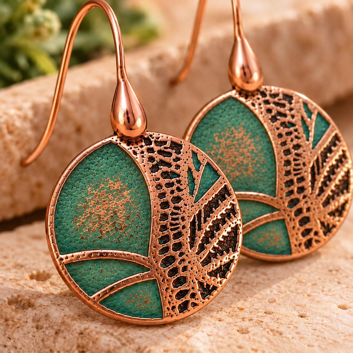 Turquoise Green & Copper Round Earrings | Botanical Nature Dangles | Warm Earthy Style