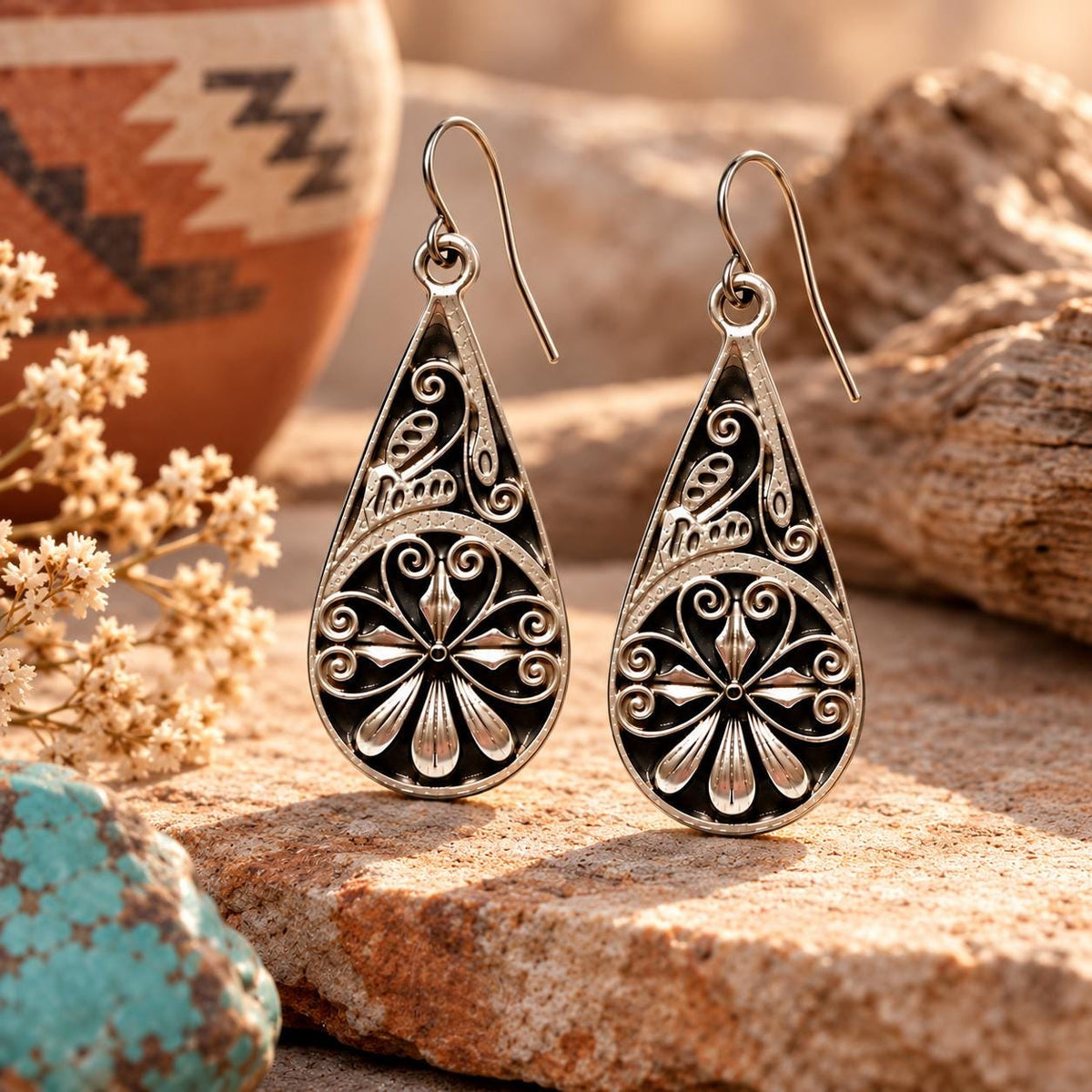 Antiqued Silver Teardrop Earrings – Ornate Floral Filigree Design