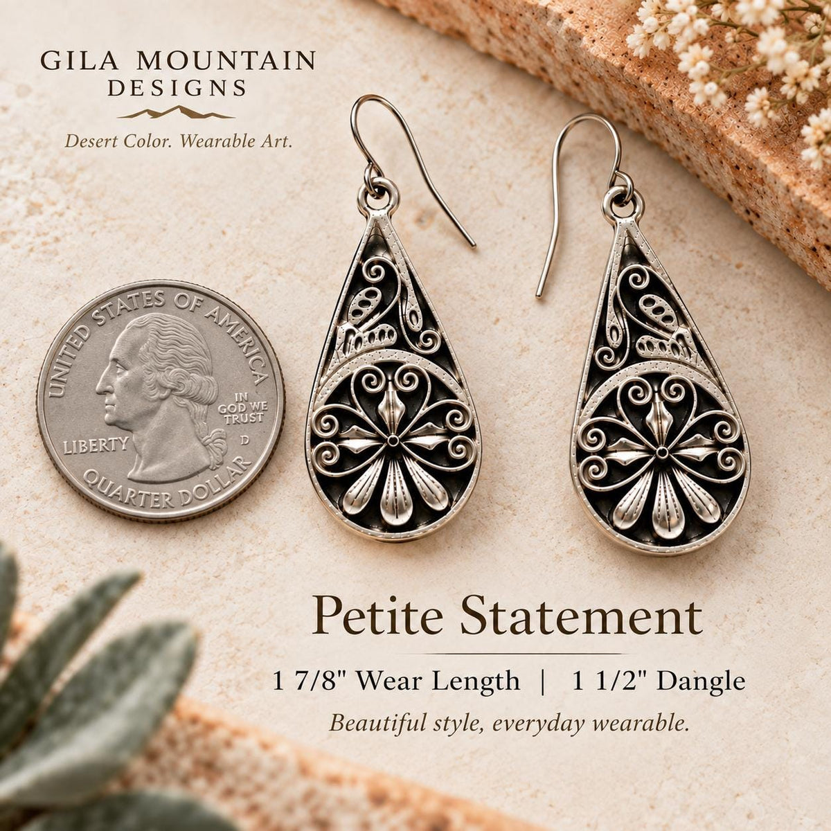 Antiqued Silver Teardrop Earrings – Ornate Floral Filigree Design