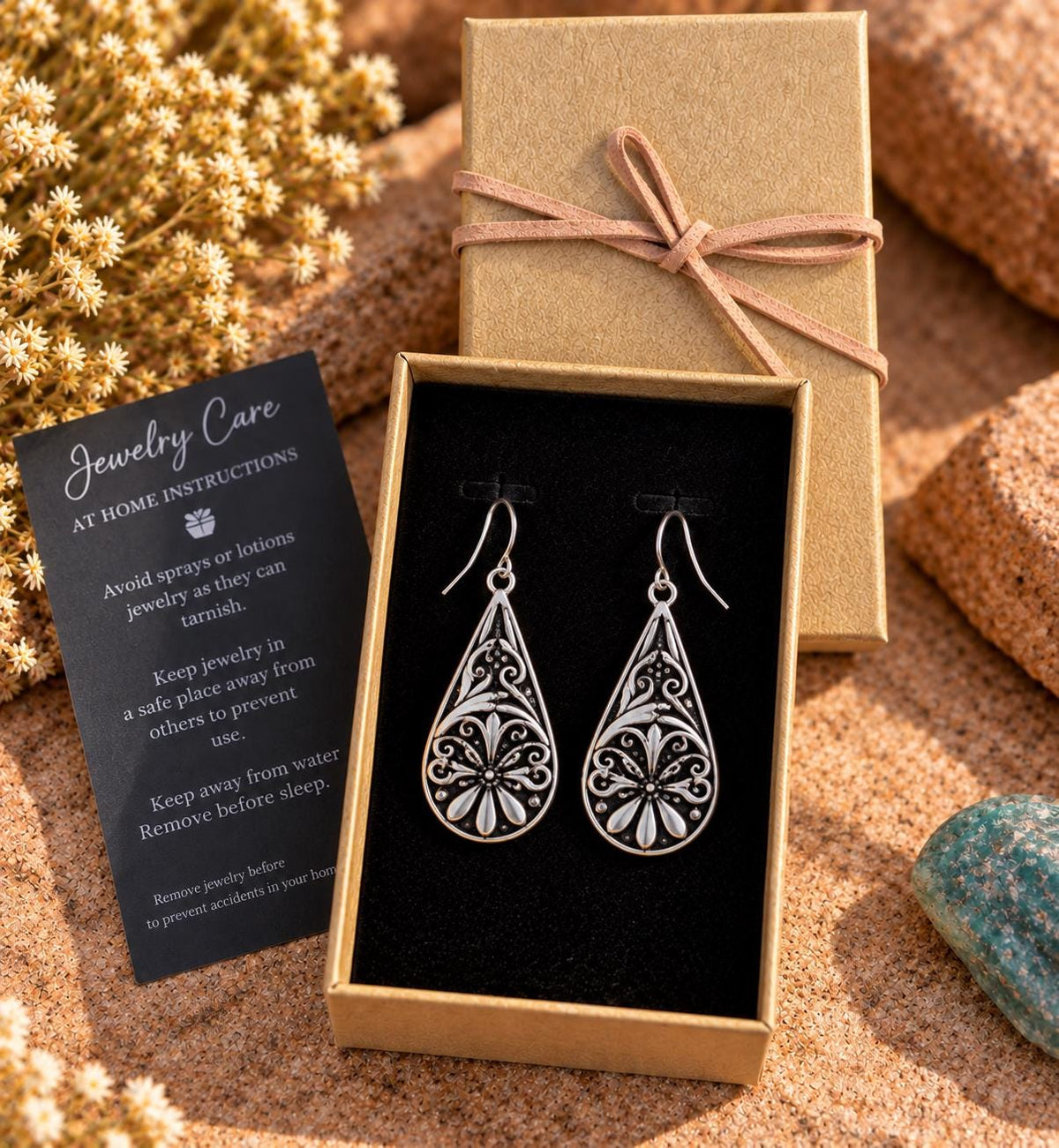 Antiqued Silver Teardrop Earrings – Ornate Floral Filigree Design