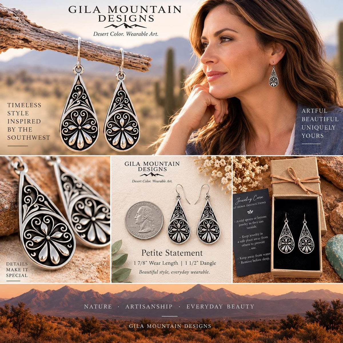 Antiqued Silver Teardrop Earrings – Ornate Floral Filigree Design