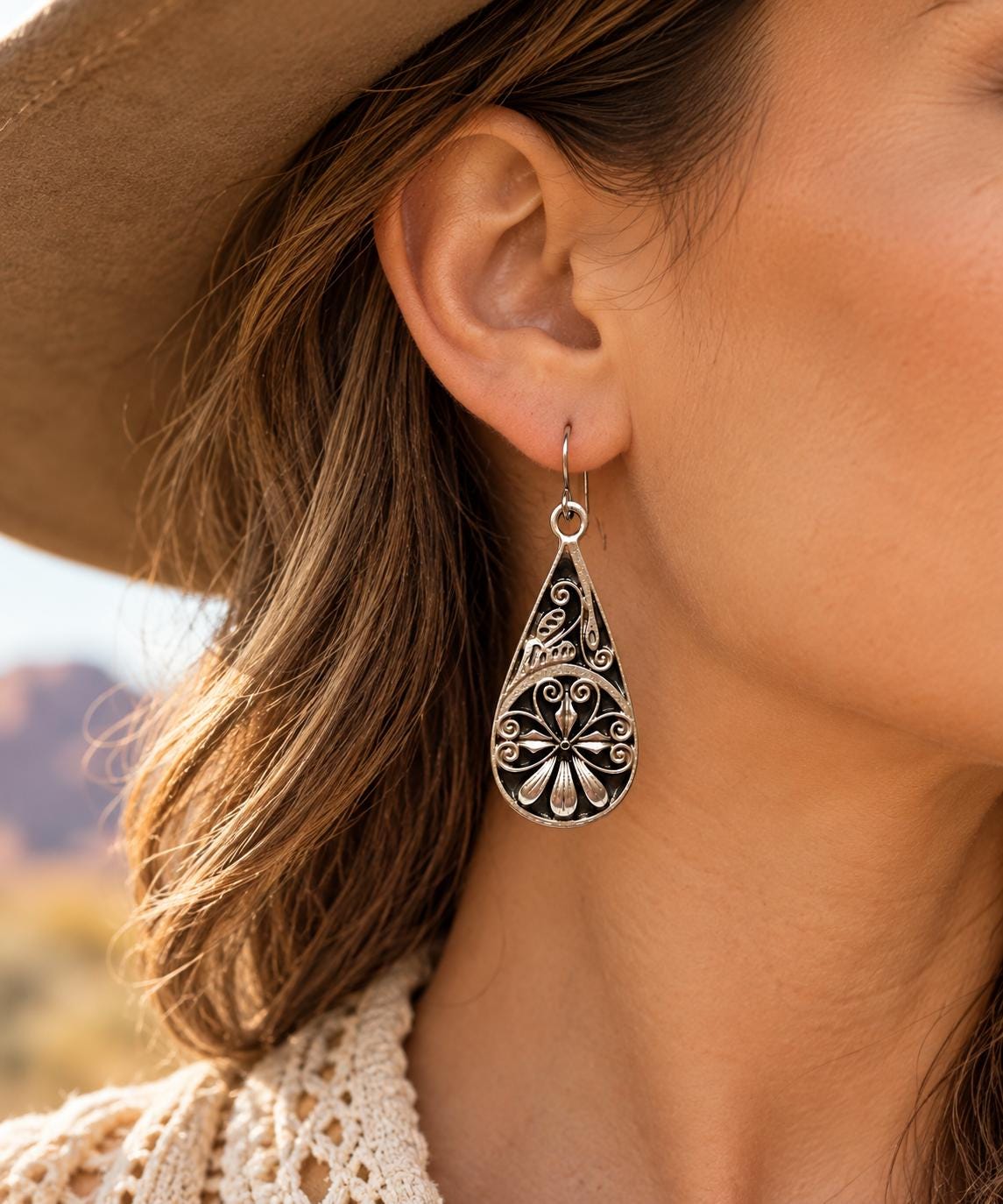 Antiqued Silver Teardrop Earrings – Ornate Floral Filigree Design