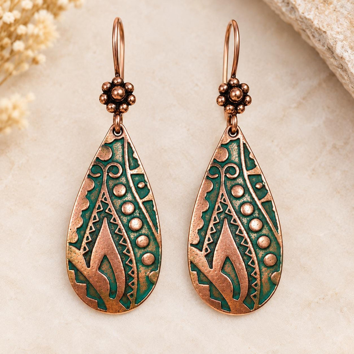 Antique Copper Teardrop Earrings | Green Southwest Inspired Dangle Earrings