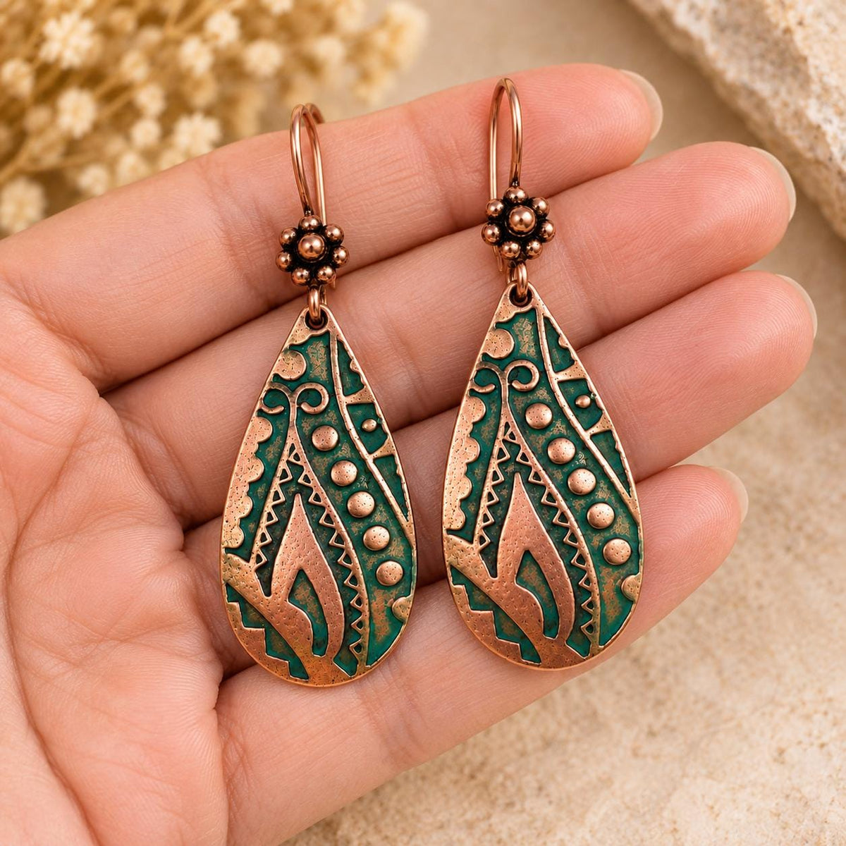 Antique Copper Teardrop Earrings | Green Southwest Inspired Dangle Earrings