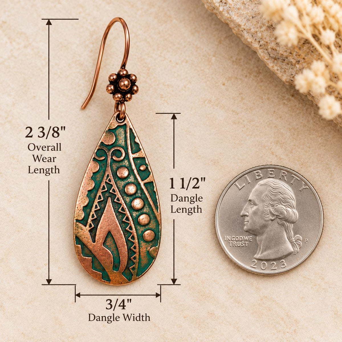 Antique Copper Teardrop Earrings | Green Southwest Inspired Dangle Earrings