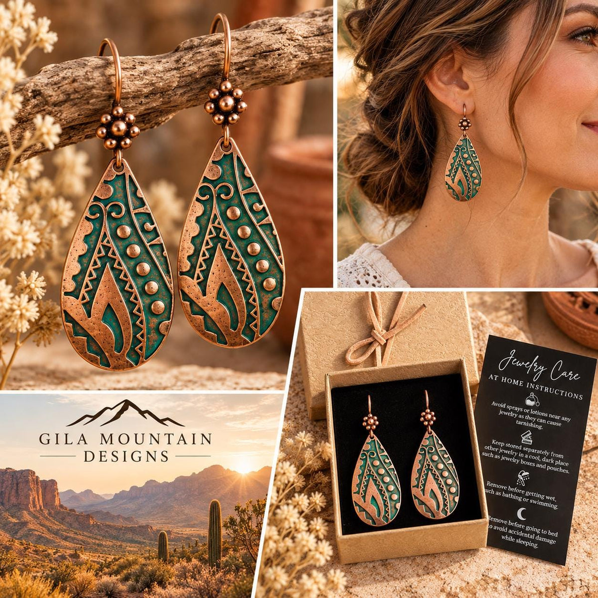 Antique Copper Teardrop Earrings | Green Southwest Inspired Dangle Earrings