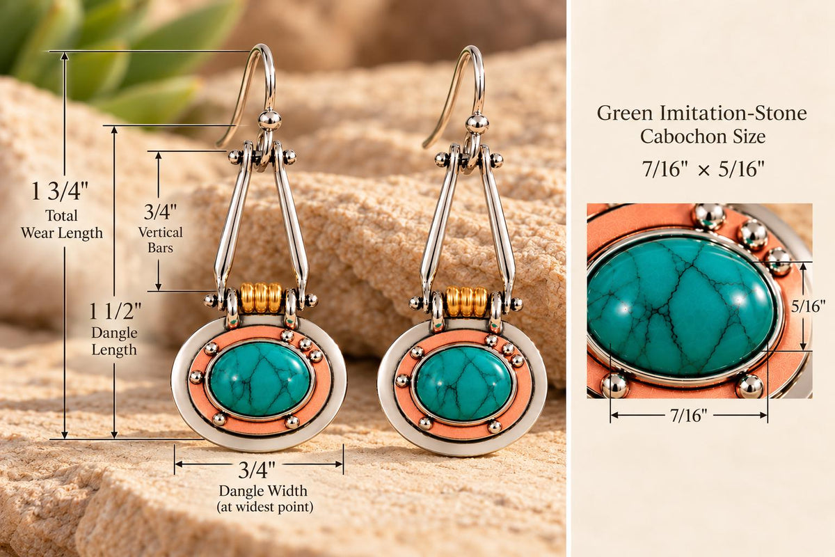 Industrial Mixed Metal Green Cabochon Dangle Earrings | Silver Copper Gold Tone | Mechanical Boho Statement Earrings
