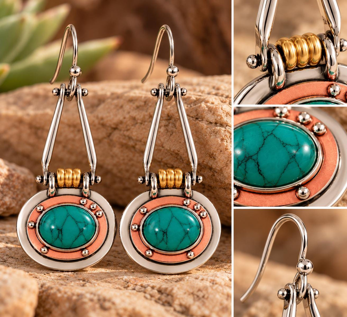 Industrial Mixed Metal Green Cabochon Dangle Earrings | Silver Copper Gold Tone | Mechanical Boho Statement Earrings