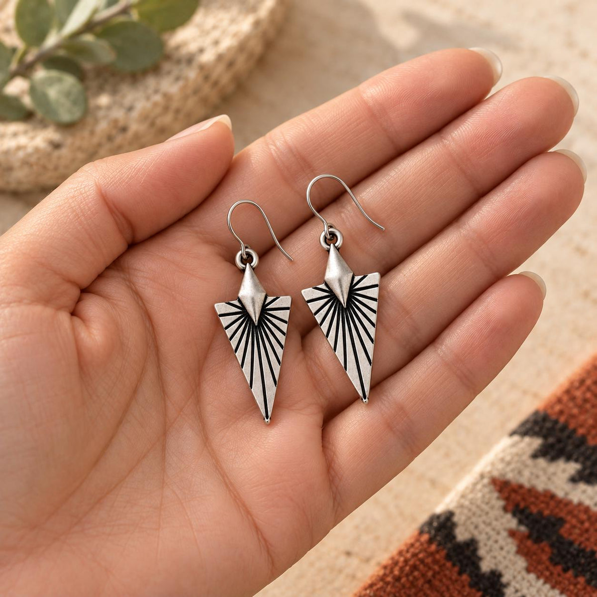 Southwest Sunburst Earrings, Antiqued Silver Geometric Dangle Earrings, Desert Inspired Triangle Earrings
