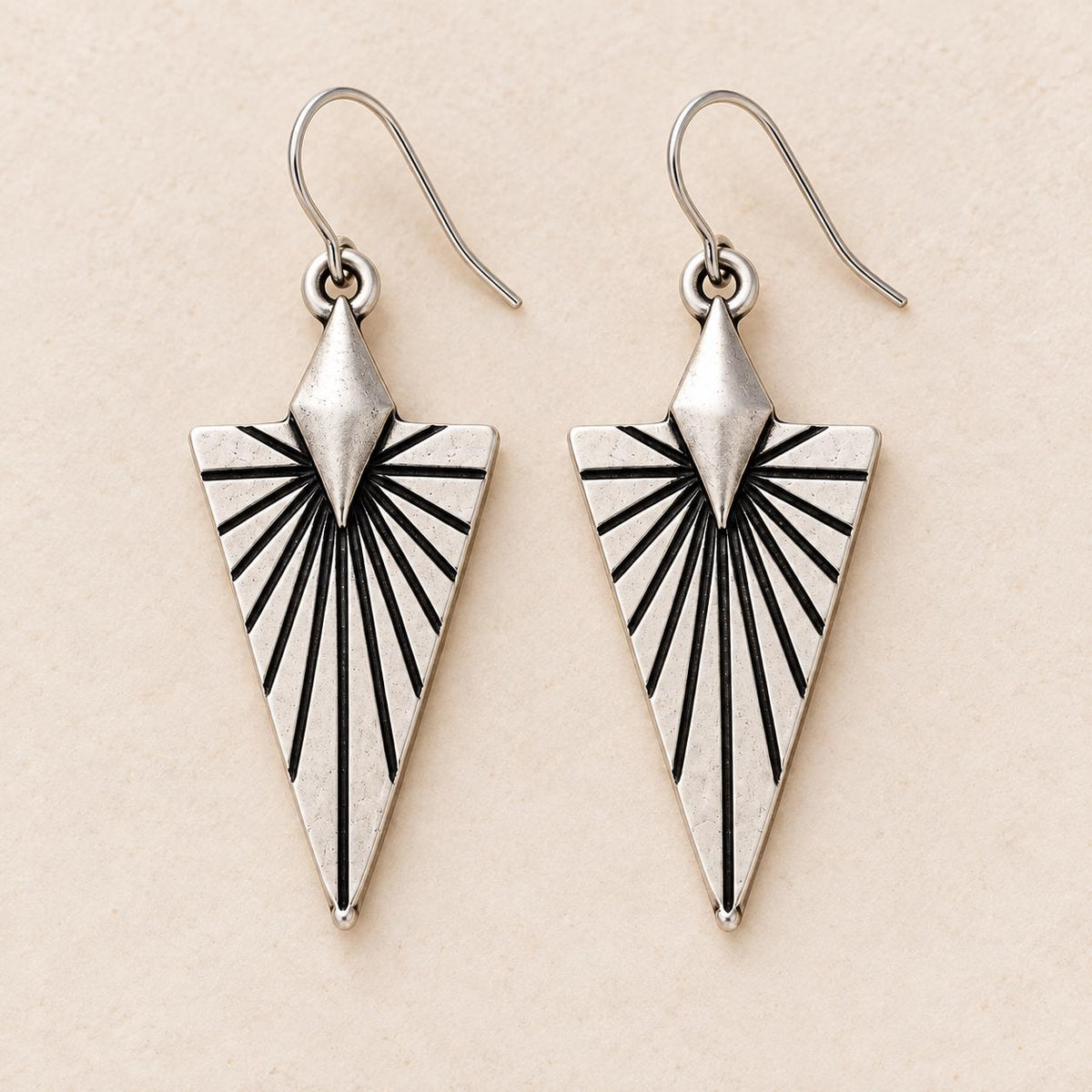 Southwest Sunburst Earrings, Antiqued Silver Geometric Dangle Earrings, Desert Inspired Triangle Earrings