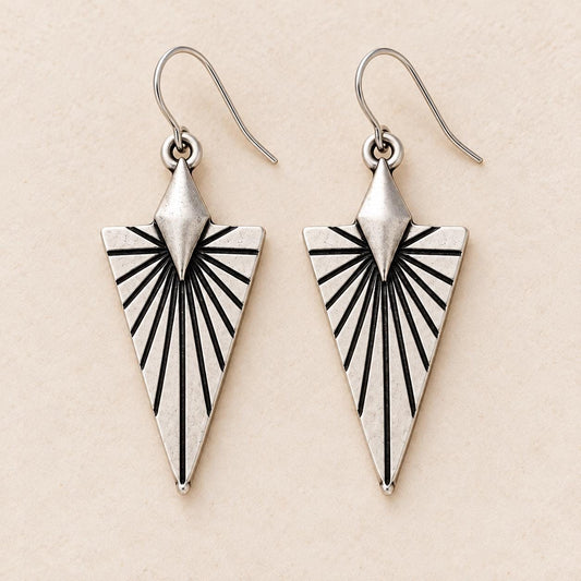 Southwest Sunburst Earrings, Antiqued Silver Geometric Dangle Earrings, Desert Inspired Triangle Earrings