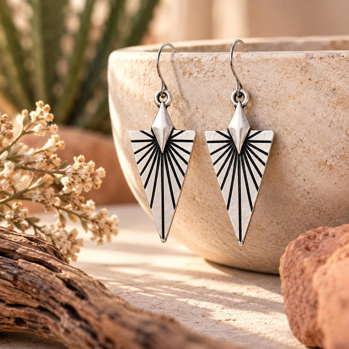Southwest Sunburst Earrings, Antiqued Silver Geometric Dangle Earrings, Desert Inspired Triangle Earrings
