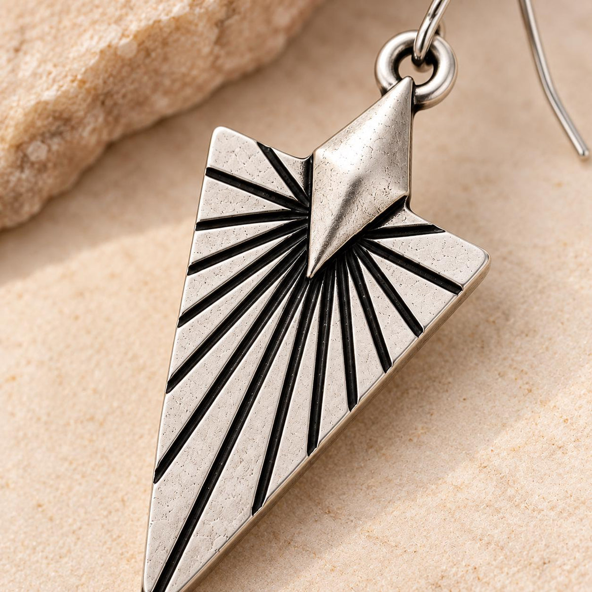 Southwest Sunburst Earrings, Antiqued Silver Geometric Dangle Earrings, Desert Inspired Triangle Earrings