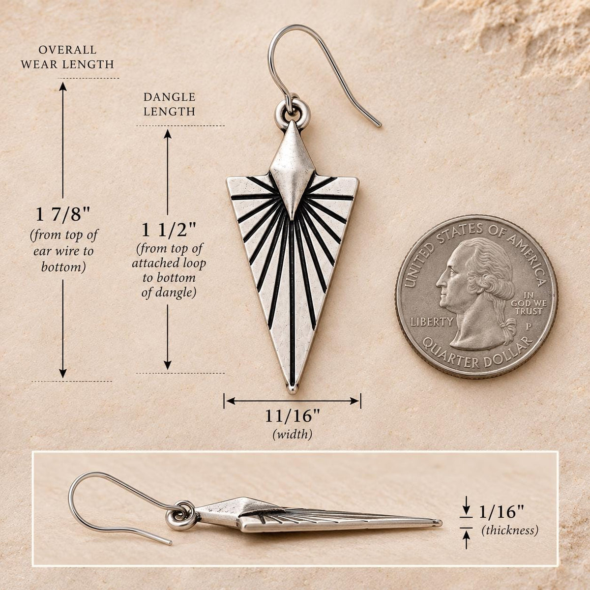 Southwest Sunburst Earrings, Antiqued Silver Geometric Dangle Earrings, Desert Inspired Triangle Earrings