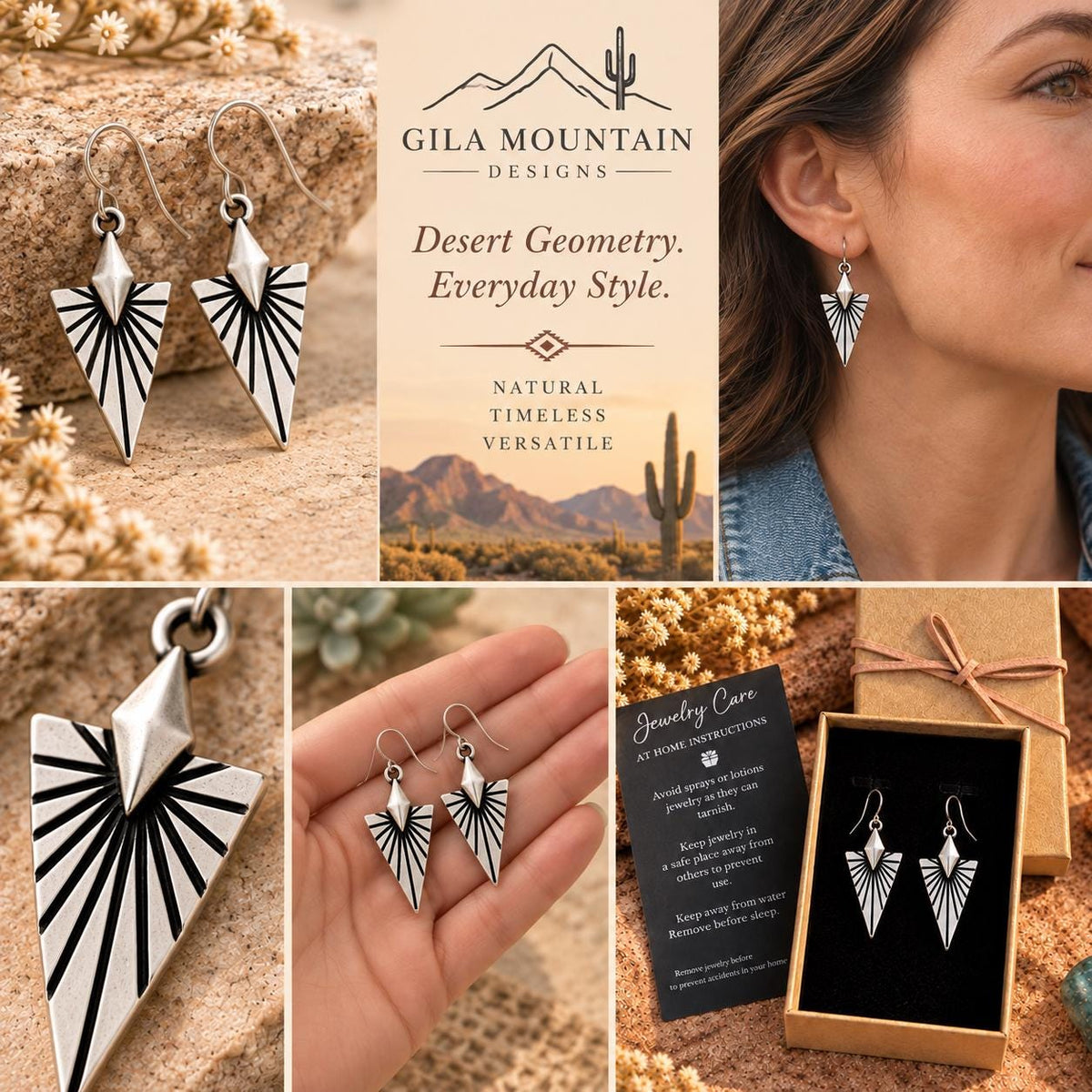 Southwest Sunburst Earrings, Antiqued Silver Geometric Dangle Earrings, Desert Inspired Triangle Earrings