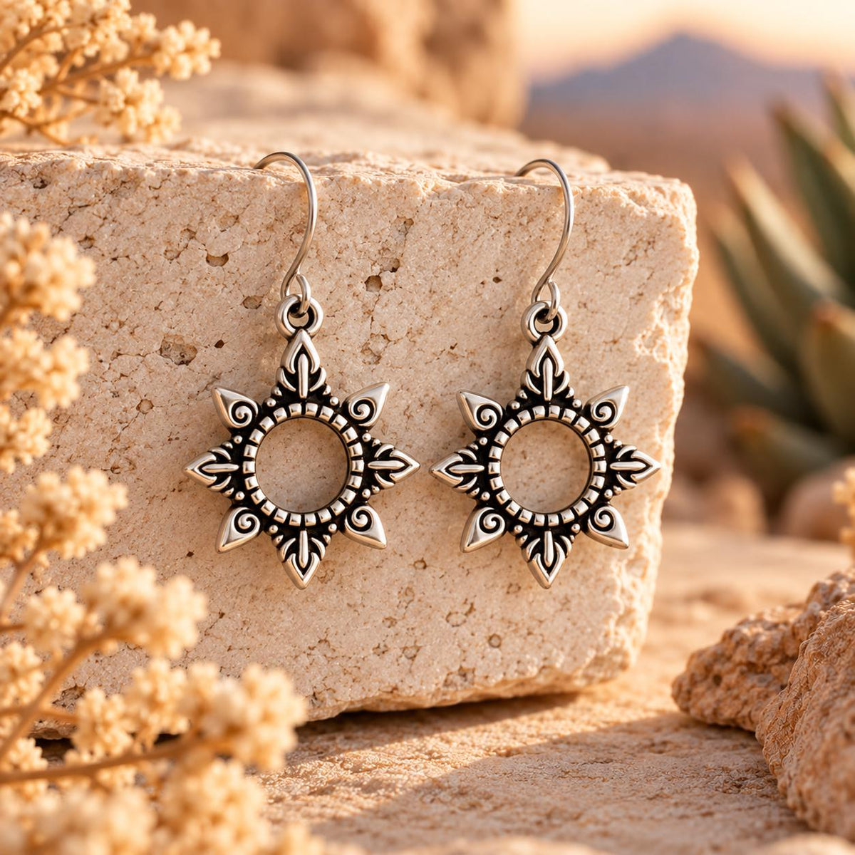 Petite Open Sunburst Earrings | Southwestern Dangle Drops | Antiqued Silver Sun | Small Boho Earrings