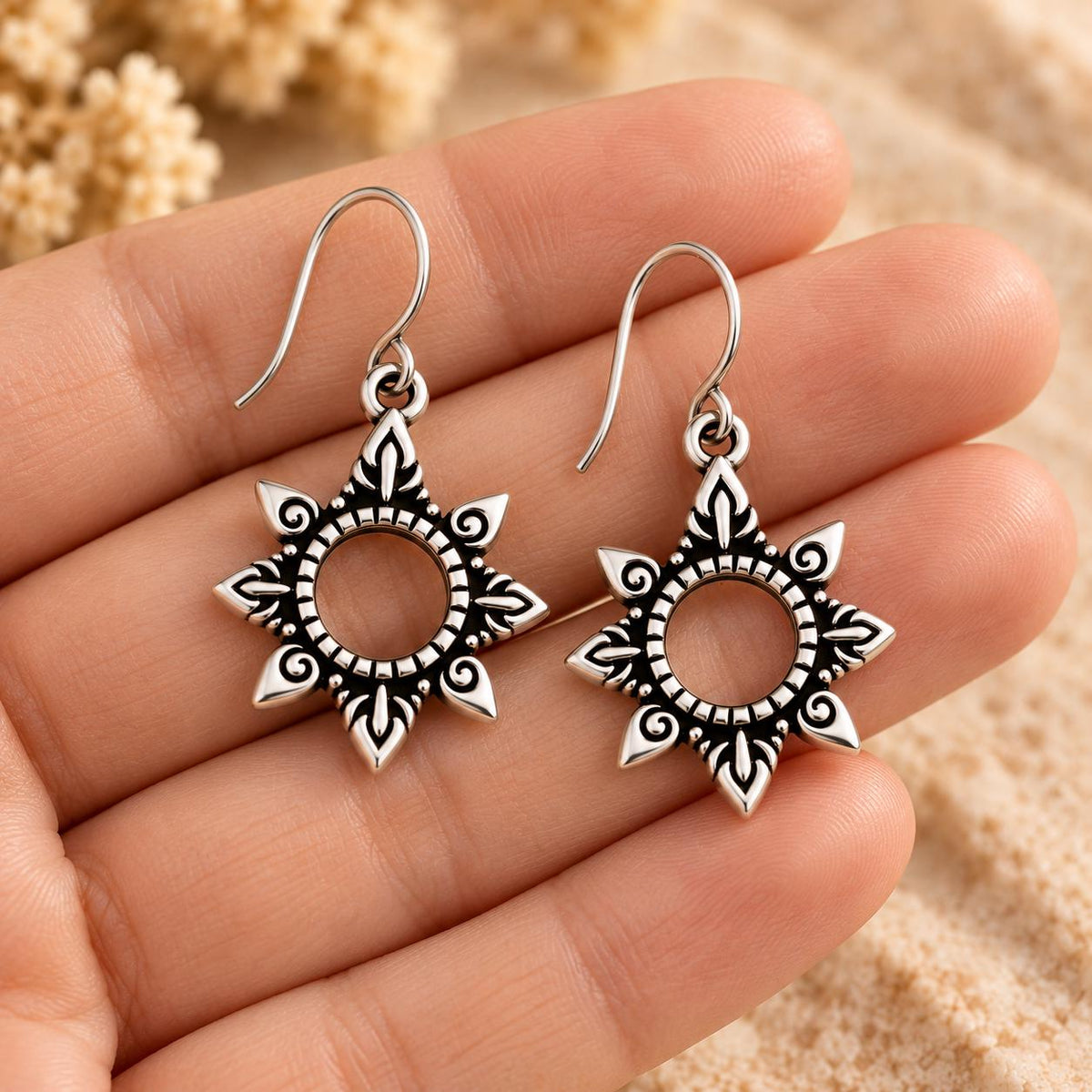 Petite Open Sunburst Earrings | Southwestern Dangle Drops | Antiqued Silver Sun | Small Boho Earrings