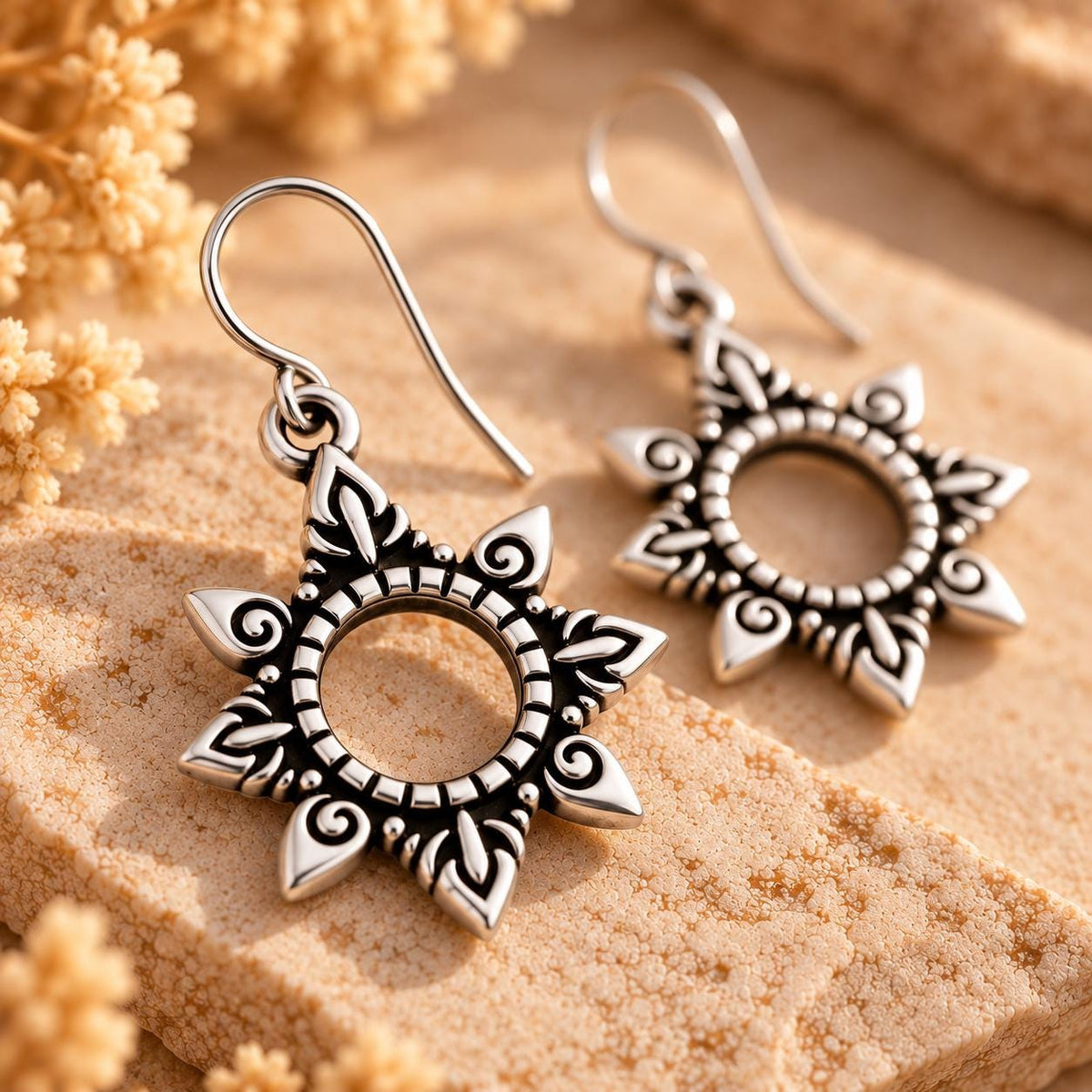 Petite Open Sunburst Earrings | Southwestern Dangle Drops | Antiqued Silver Sun | Small Boho Earrings