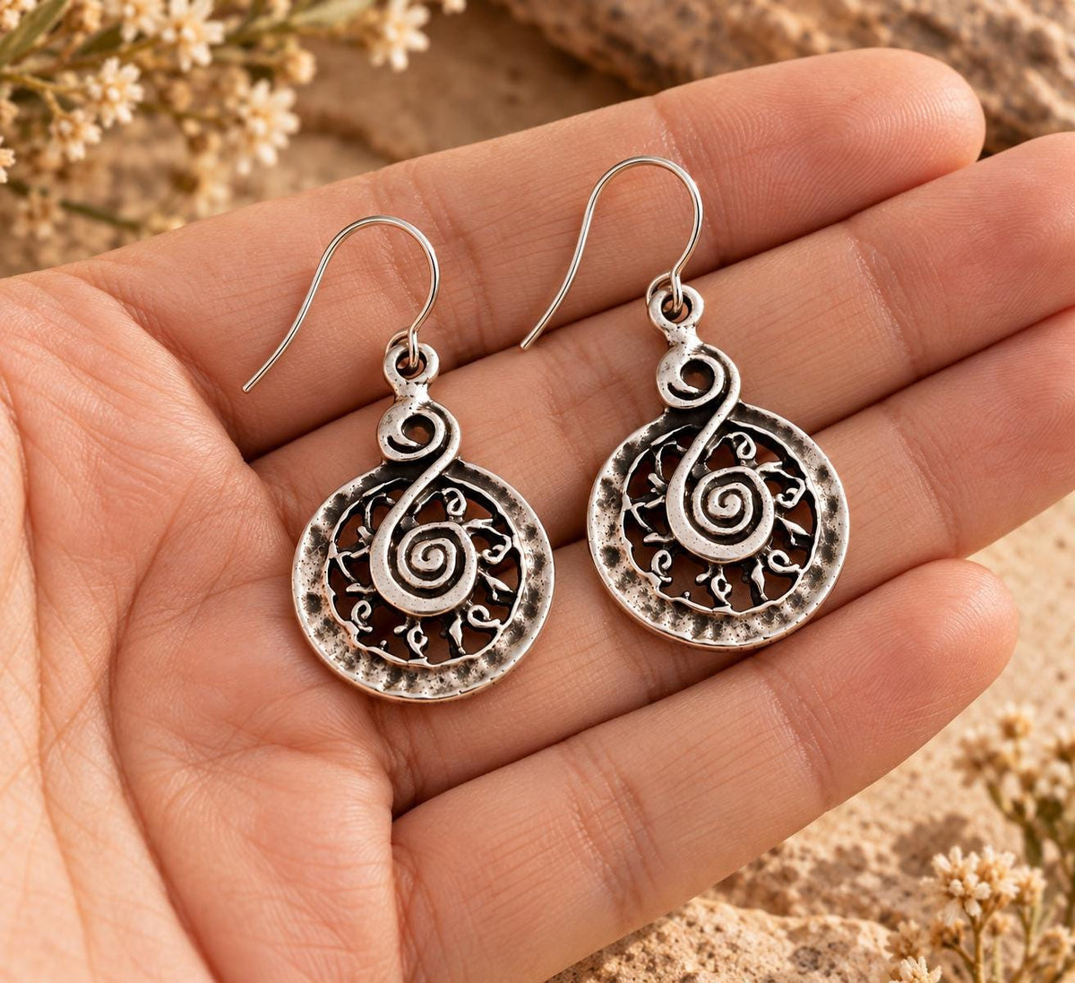 Rustic Spiral Filigree Earrings | Silver Tone Tribal Dangle Drops | Boho Cutout Design | Lightweight Artisan Style Jewelry