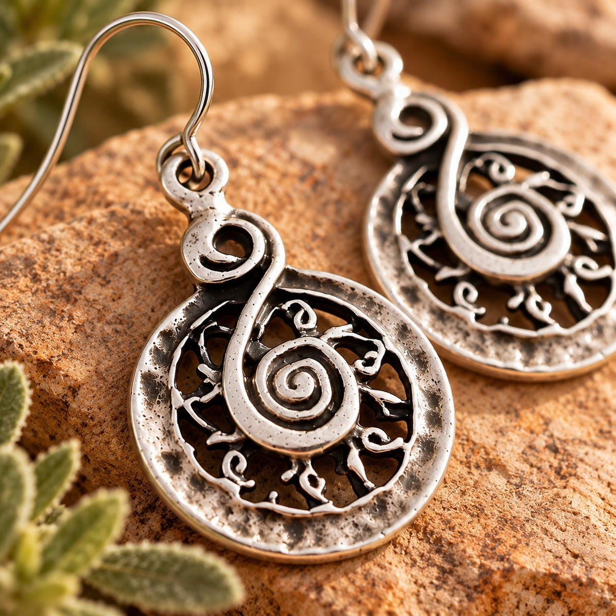Rustic Spiral Filigree Earrings | Silver Tone Tribal Dangle Drops | Boho Cutout Design | Lightweight Artisan Style Jewelry