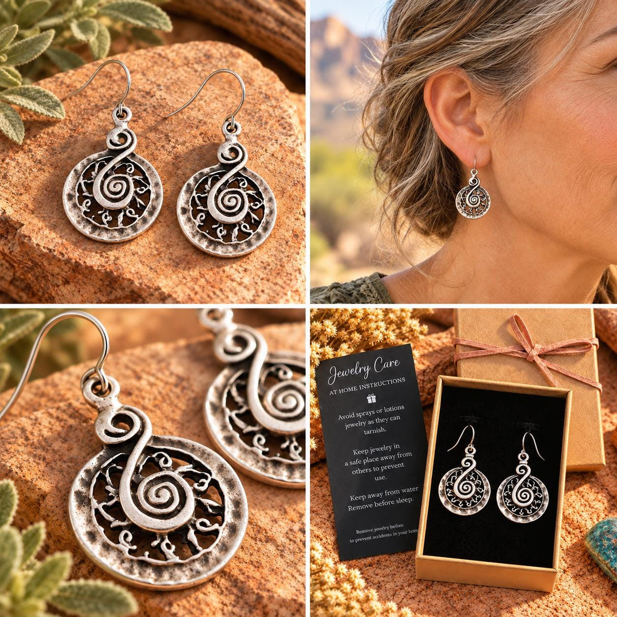 Rustic Spiral Filigree Earrings | Silver Tone Tribal Dangle Drops | Boho Cutout Design | Lightweight Artisan Style Jewelry