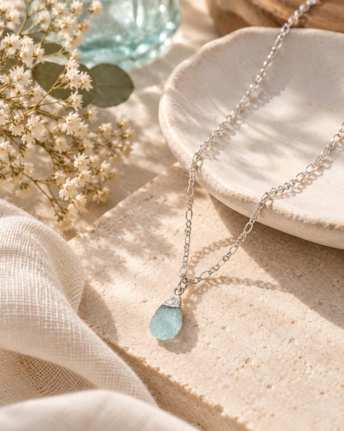 Raw Aquamarine Nugget Pendant - Sterling Silver March Birthstone Necklace