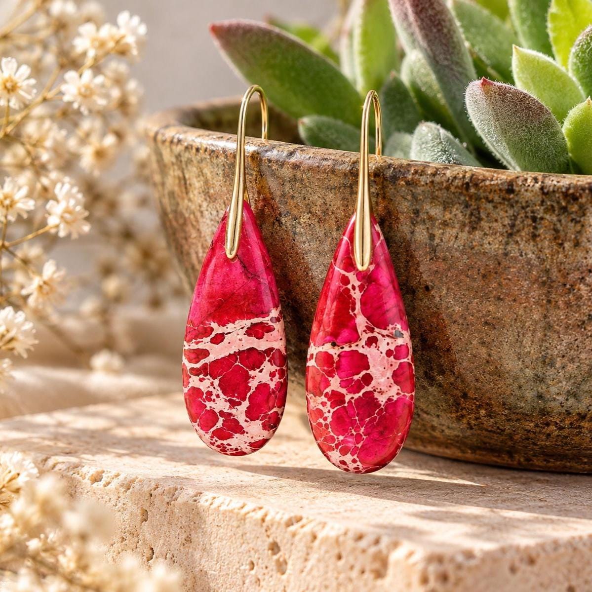 Red Teardrop Earrings - Natural Jasper Drops