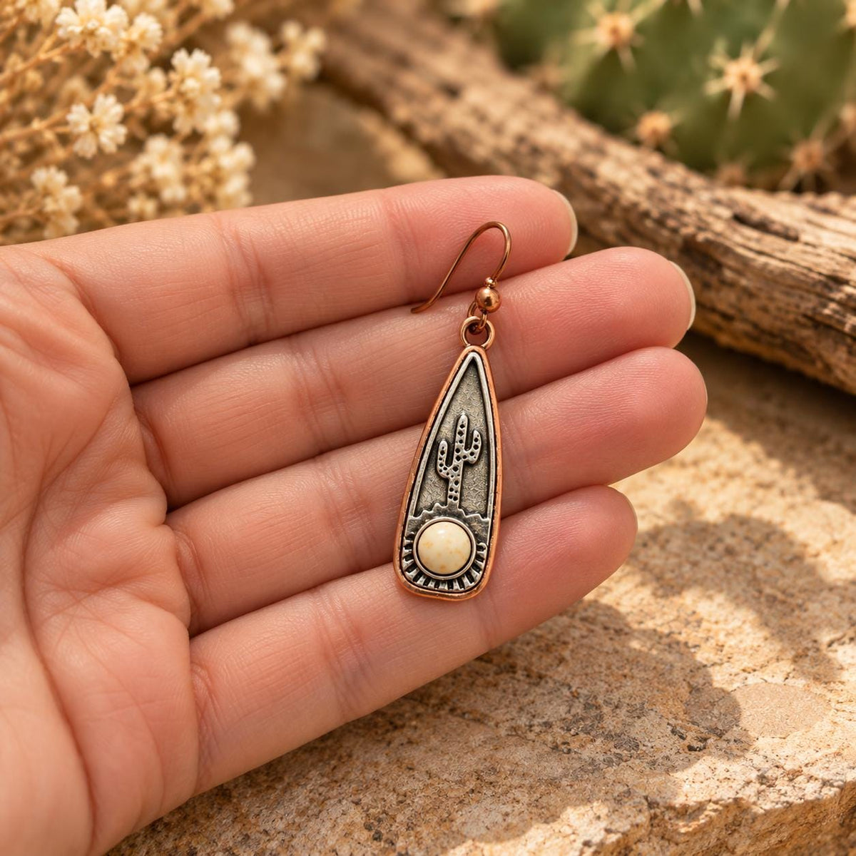Southwestern Cactus Earrings | Copper & Silver Tone Desert Dangle Earrings with Niobium Ear Wires