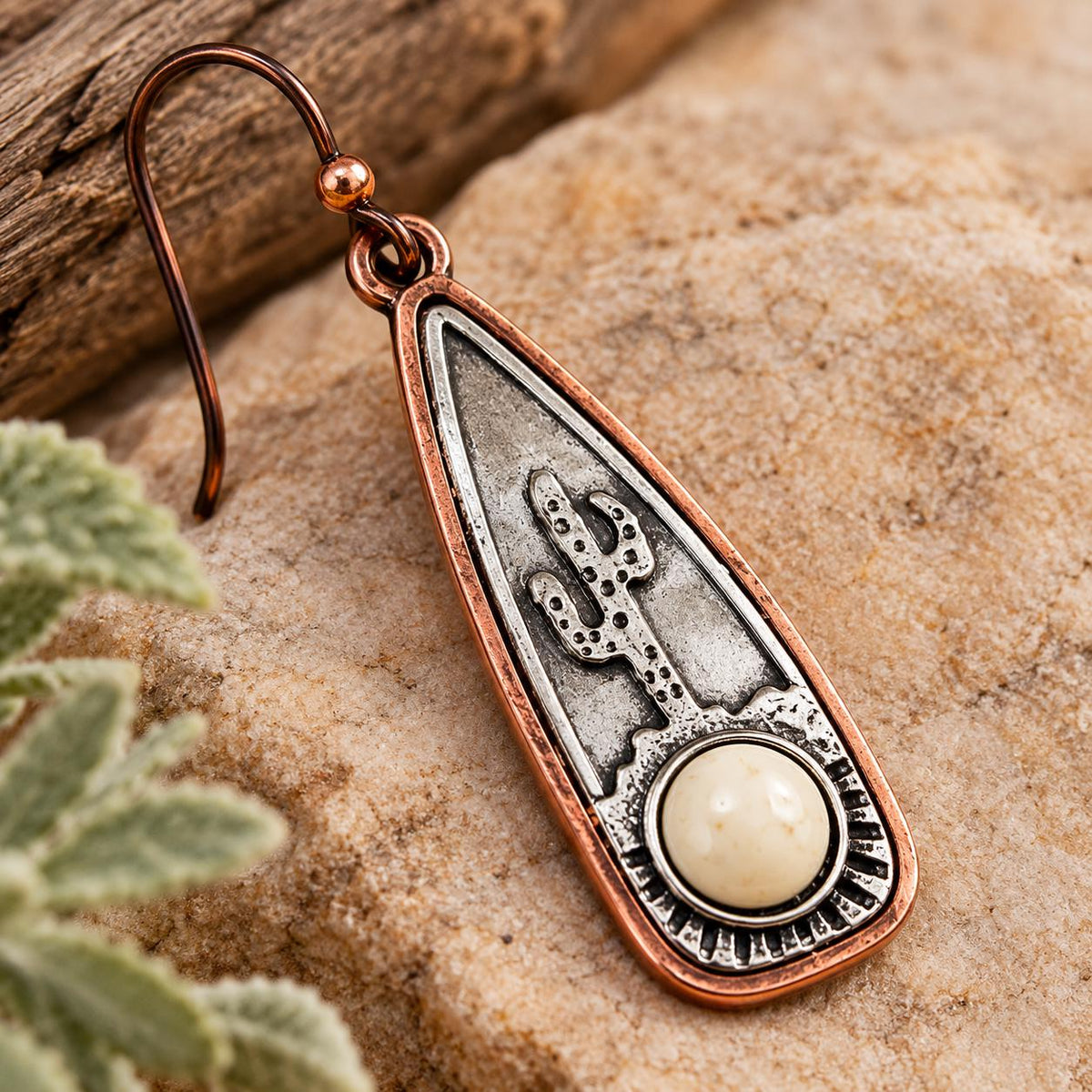Southwestern Cactus Earrings | Copper & Silver Tone Desert Dangle Earrings with Niobium Ear Wires
