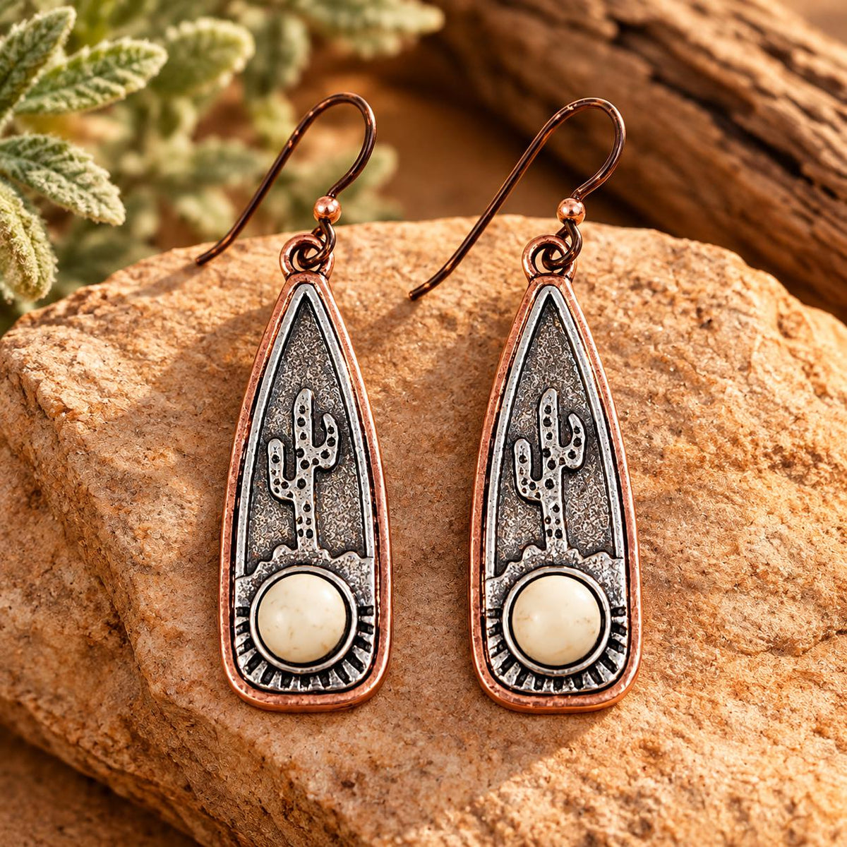 Southwestern Cactus Earrings | Copper & Silver Tone Desert Dangle Earrings with Niobium Ear Wires