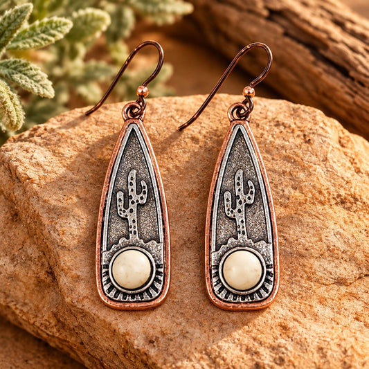 Southwestern Cactus Earrings | Copper & Silver Tone Desert Dangle Earrings with Niobium Ear Wires