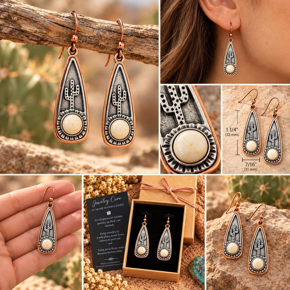 Southwestern Cactus Earrings | Copper & Silver Tone Desert Dangle Earrings with Niobium Ear Wires