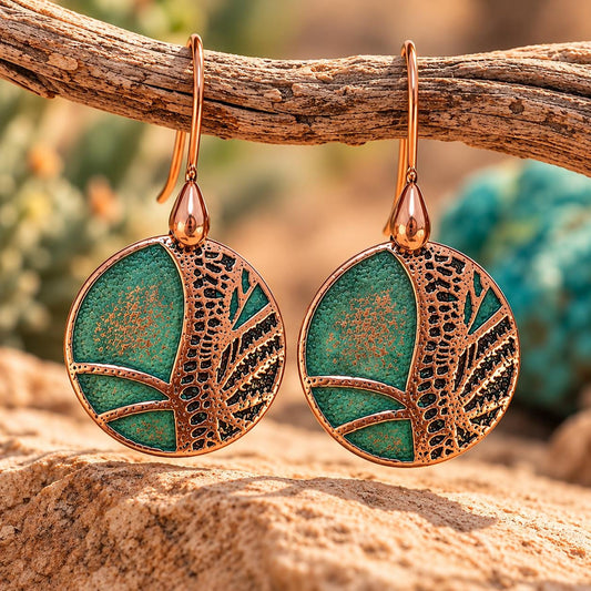 Turquoise Green & Copper Round Earrings | Botanical Nature Dangles | Warm Earthy Style