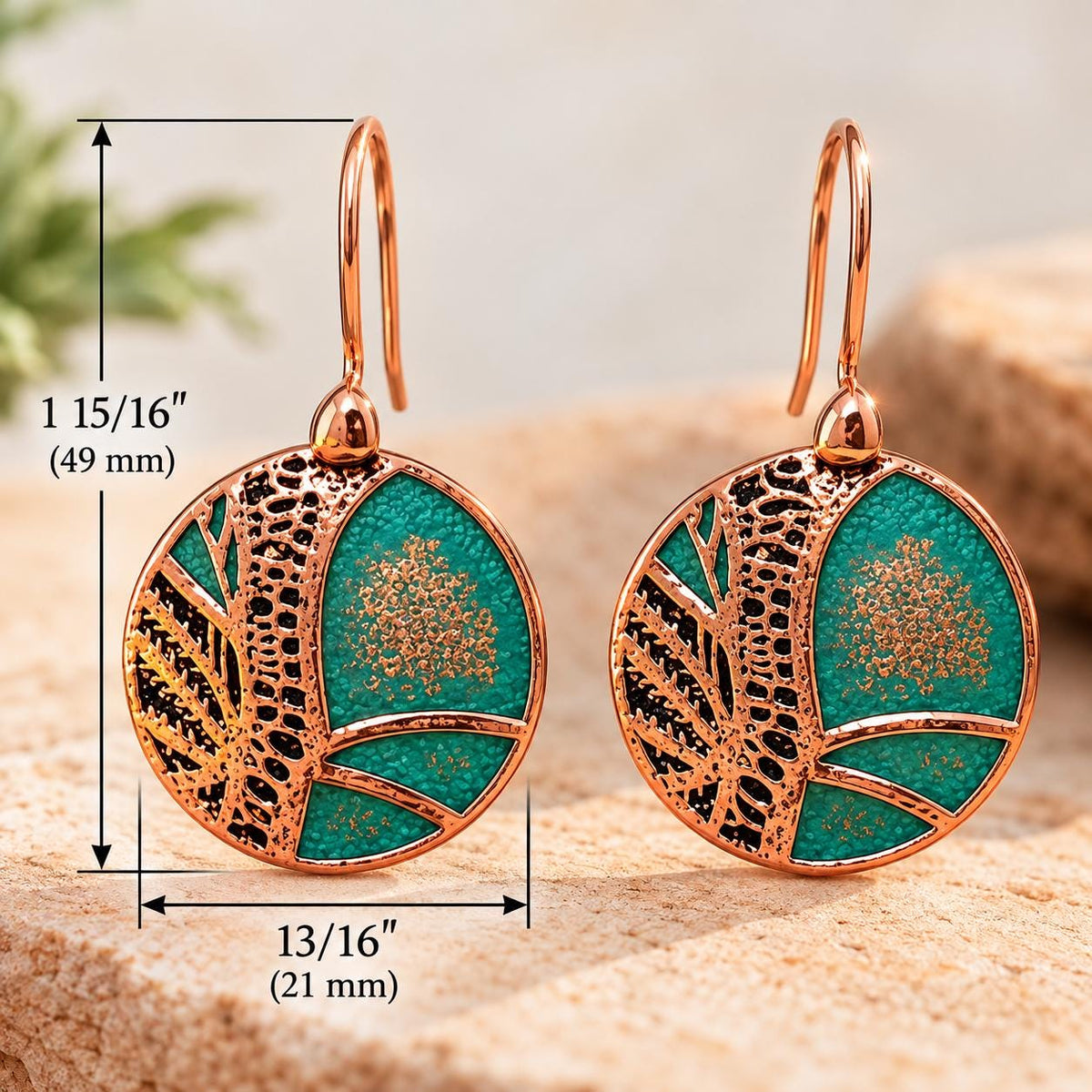 Turquoise Green & Copper Round Earrings | Botanical Nature Dangles | Warm Earthy Style