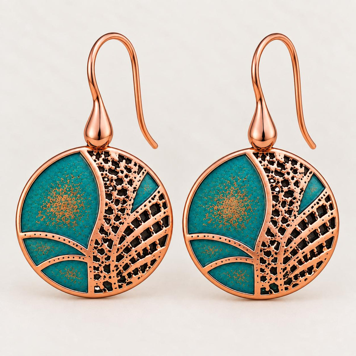 Turquoise Green & Copper Round Earrings | Botanical Nature Dangles | Warm Earthy Style