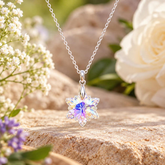 Aurora Borealis Edelweiss Crystal Pendant Necklace, Sterling Silver Chain, Adjustable Length