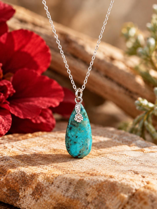 Turquoise Teardrop Pendant Necklace - Sterling Silver Chain, December Birthstone