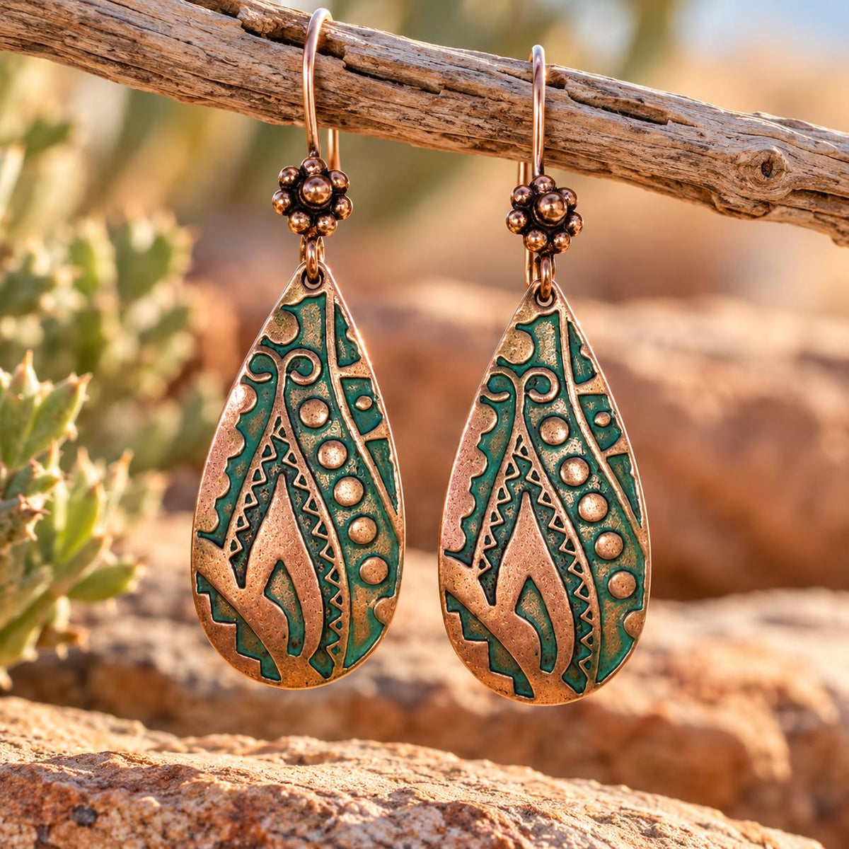 Antique Copper Teardrop Earrings | Green Southwest Inspired Dangle Earrings
