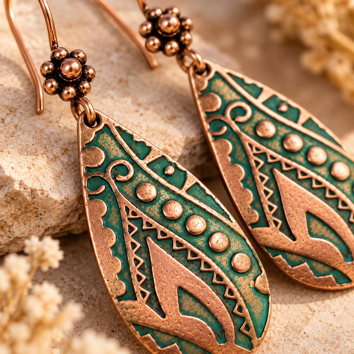 Antique Copper Teardrop Earrings | Green Southwest Inspired Dangle Earrings