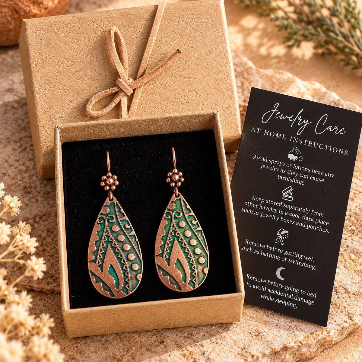 Antique Copper Teardrop Earrings | Green Southwest Inspired Dangle Earrings