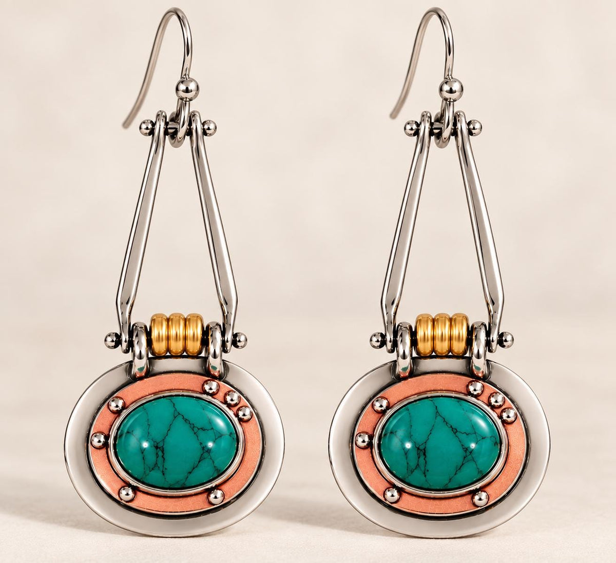 Industrial Mixed Metal Green Cabochon Dangle Earrings | Silver Copper Gold Tone | Mechanical Boho Statement Earrings