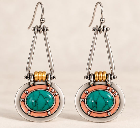 Industrial Mixed Metal Green Cabochon Dangle Earrings | Silver Copper Gold Tone | Mechanical Boho Statement Earrings