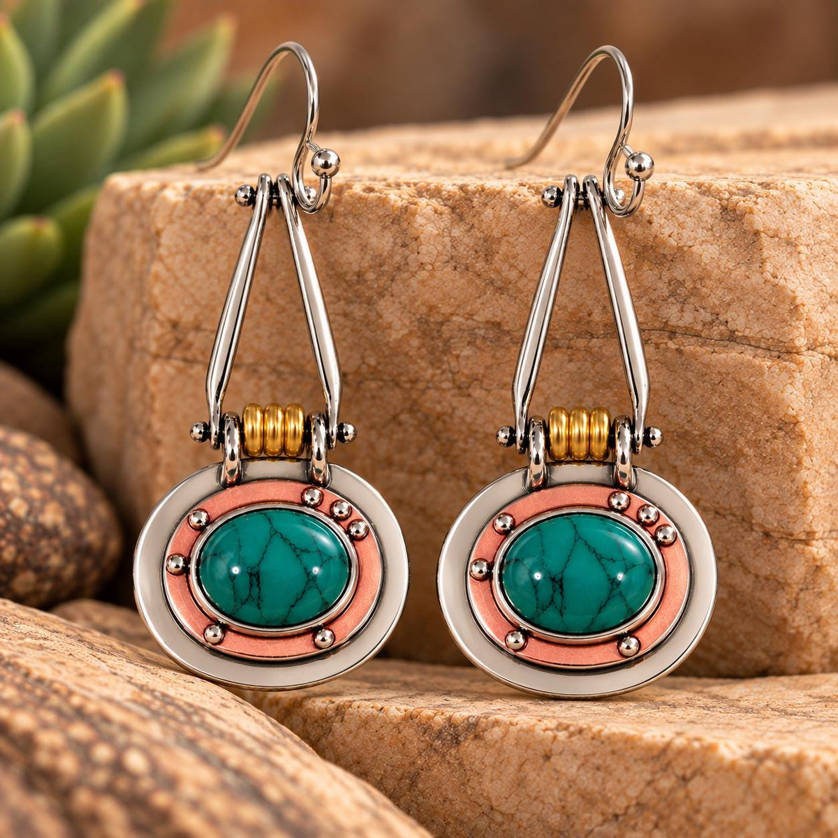 Industrial Mixed Metal Green Cabochon Dangle Earrings | Silver Copper Gold Tone | Mechanical Boho Statement Earrings