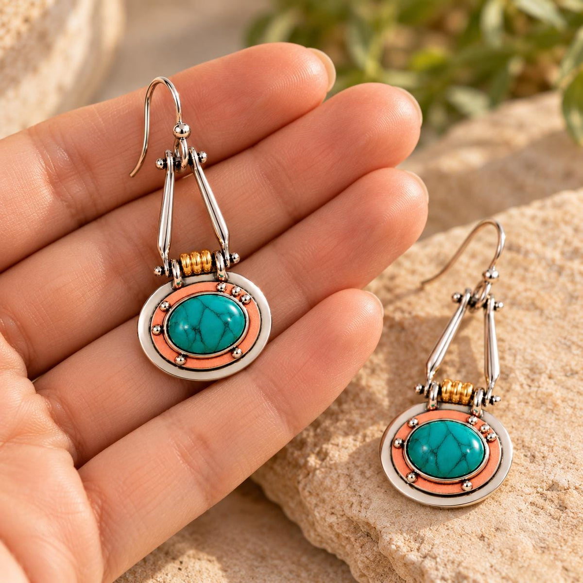 Industrial Mixed Metal Green Cabochon Dangle Earrings | Silver Copper Gold Tone | Mechanical Boho Statement Earrings
