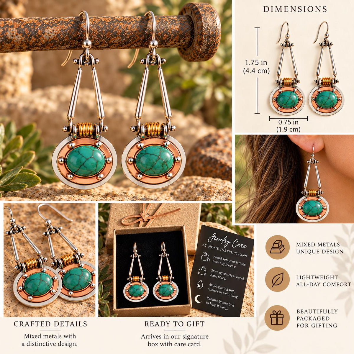 Industrial Mixed Metal Green Cabochon Dangle Earrings | Silver Copper Gold Tone | Mechanical Boho Statement Earrings