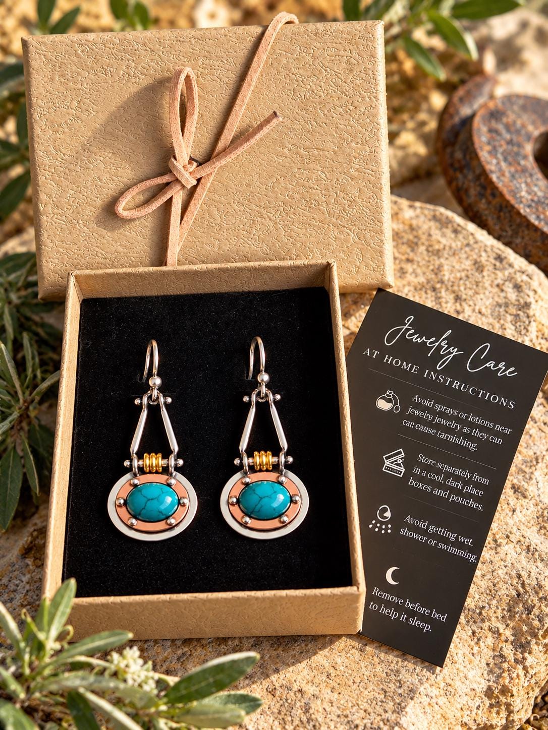 Industrial Mixed Metal Green Cabochon Dangle Earrings | Silver Copper Gold Tone | Mechanical Boho Statement Earrings