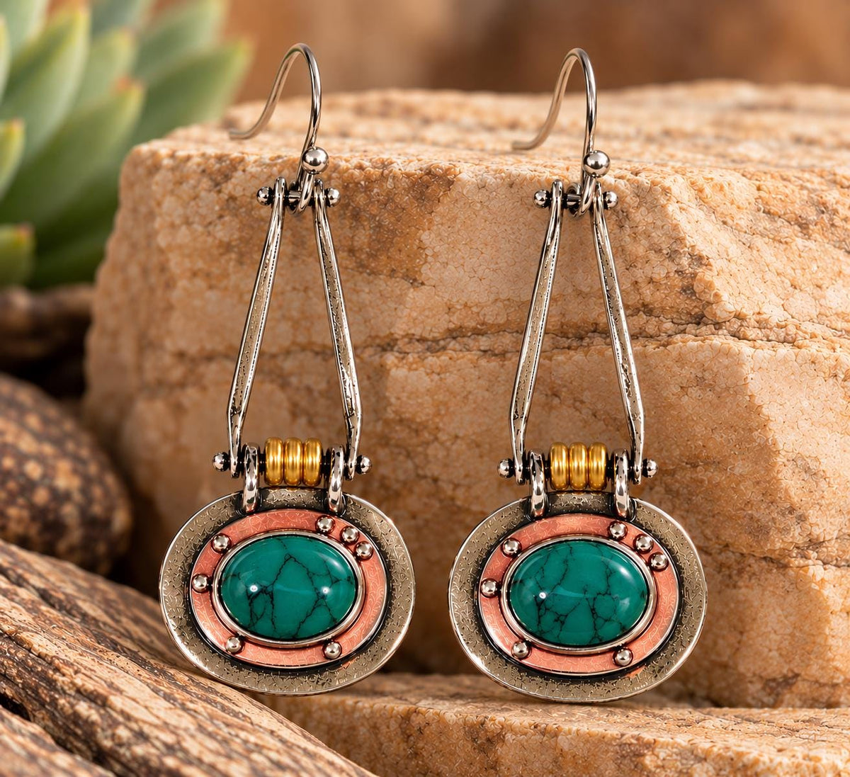 Industrial Mixed Metal Green Cabochon Dangle Earrings | Silver Copper Gold Tone | Mechanical Boho Statement Earrings
