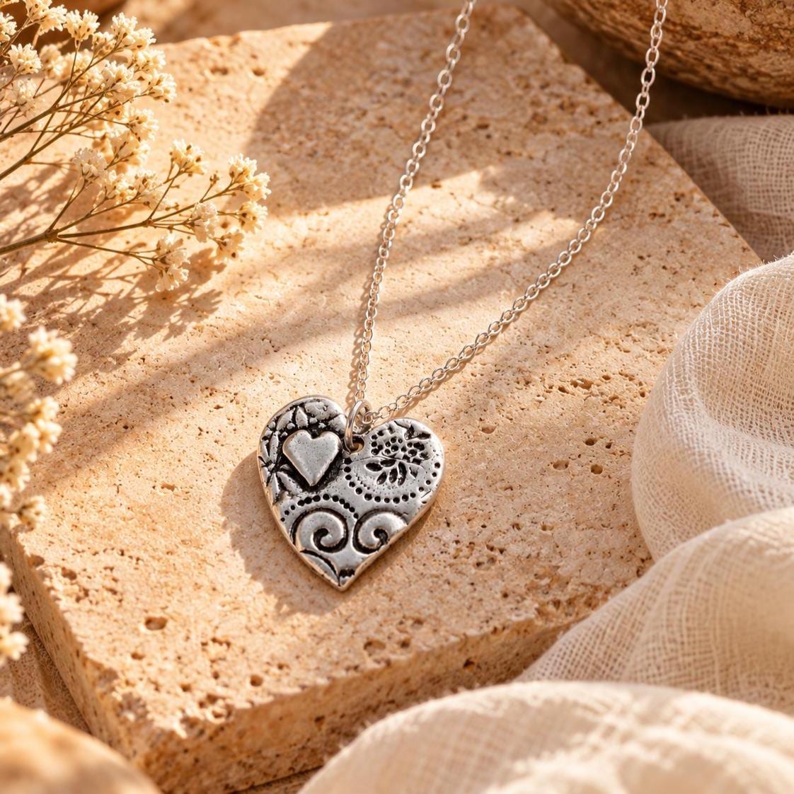 Amore Heart Antiqued Silver Pendant Necklace | Handcrafted Love Keepsake | Artisan Remembrance Jewelry | 30" Silver Chain
