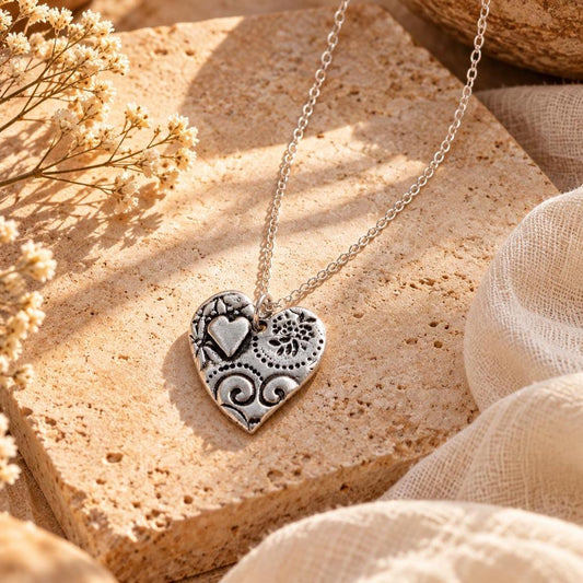 Amore Heart Antiqued Silver Pendant Necklace | Handcrafted Love Keepsake | Artisan Remembrance Jewelry | 30" Silver Chain