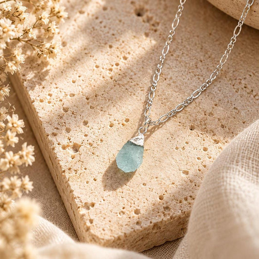 Raw Aquamarine Nugget Pendant - Sterling Silver March Birthstone Necklace